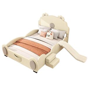 OKWISH DĚTSKÁ postel 140/200 cm béžová z PU a MDF s medvědím motivem, skluzavkou a žebříkem obraz