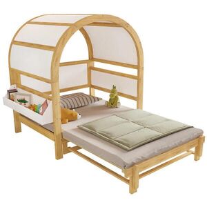 OKWISH PATROVÁ postel 140x200 cm bílá a přírodní z masivu a MDF s výsuvným lůžkem a policí obraz