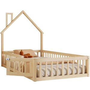 OKWISH DĚTSKÁ postel 90/200 cm přírodní z borovice s bezpečnostním zábradlím a komínovým designem obraz