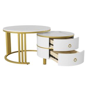 Modfu KONFERENČNÍ stolek z MDF 70x70x46 cm bílý se 2 zásuvkami, lesklou deskou a mramorovým dekorem obraz