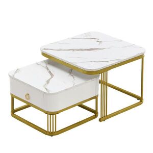 Modfu SADA konferenčních stolků z MDF 60x60x45 cm bílá se zásuvkou, vysokým leskem a mramorovým dekorem obraz