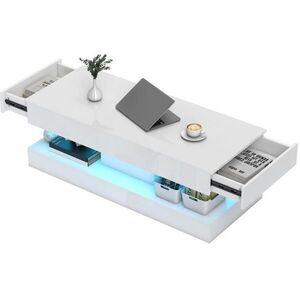 Modfu KONFERENČNÍ stolek ze dřeva 120x50x42 cm bílý s LED osvětlením, 2 zásuvkami a otevřenou policí obraz