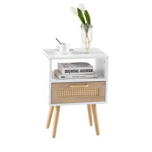 OKWISH NOČNÍ stolek 30/40/55 cm bílá a přírodní z MDF s ratanem a zásuvkou obraz