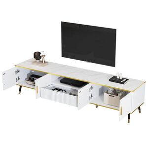 Redom TV stolek 200/40/46 cm s mramorovou deskou, kabelovým vedením a úložným prostorem, Bílá obraz