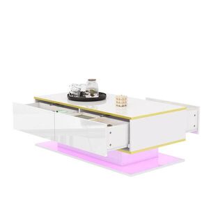 Redom KONFERENČNÍ stolek 100/50/40 cm s LED osvětlením, třemi zásuvkami a lesklým povrchem, Bílá/Zlatá obraz