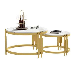 Redom KONFERENČNÍ stolek 71, 5/71, 5/44 + 51, 5/51, 5/37 cm s nestovacím designem, mramorový dekor a zlatý kovový rám, Staromosaz + bílá obraz