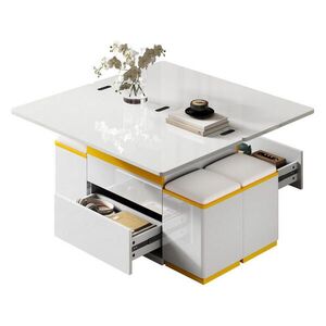 Redom KONFERENČNÍ stolek 100/50/43 cm s výklopnou a zvedací deskou, úložným prostorem a 4 taburety, Bílá a žlutá obraz