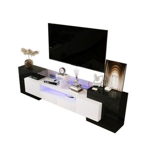 Redom TV stolek 200/35/60 cm s LED osvětlením, vysoký lesk, skleněná plocha a úložný prostor, Černá a bílá obraz