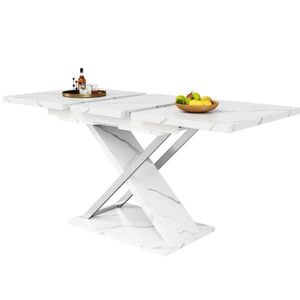 OKWISH JÍDELNÍ stůl 118-157/75/76, 4 cm bílý z MDF a kovu rozkládací s mramorovým dekorem a křížovými nohami obraz