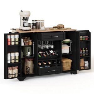 Redom KUCHYŇSKÝ ostrůvek 138/45(70)/92 cm s výklopnou pracovní deskou, úložným prostorem, vinotékou a kolečky, Černá a přírodní obraz