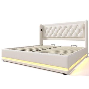 Modfu ČALOUNĚNÁ postel z PU 160x200 cm bílá s LED osvětlením, USB-C porty a hydraulickým úložným prostorem obraz