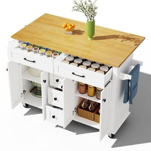 Redom KUCHYŇSKÝ ostrůvek 140/40(65)/89 cm s výklopnou pracovní deskou, 5 zásuvkami, skříňkami, kořením a držákem utěrek, Bílá+Přírodní obraz