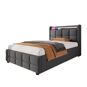 Modfu ČALOUNĚNÁ postel z dřeva 90x200 cm šedá s LED osvětlením, USB porty, zásuvkami a 2 úložnými zásuvkami obraz