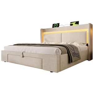 Modfu ČALOUNĚNÁ postel ze lnu 140x200 cm béžová s LED osvětlením, USB a USB-C, hydraulickým úložným prostorem a zásuvkou obraz