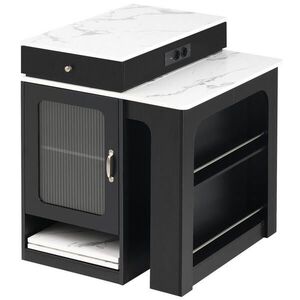 Redom KUCHYŇSKÝ ostrůvek 80/71-111-151/92 cm s výsuvnou jídelní deskou, integrovanými zásuvkami a úložným prostorem, Bílá/Černá obraz