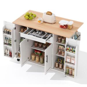 Redom KUCHYŇSKÝ ostrůvek 136/70/92 cm s výsuvnou pracovní deskou, skrytým příborníkem, nastavitelnými policemi a kolečky, Bílá + přírodní obraz
