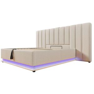 Modfu ČALOUNĚNÁ postel ze lnu 160x200 cm béžová s LED osvětlením, USB-C a hydraulickým úložným prostorem obraz