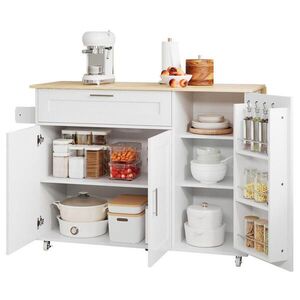 Redom KUCHYŇSKÝ ostrůvek 132, 5/44(70)/90 cm s klopnou pracovní deskou, úložným prostorem a kolečky, MDF, Bílá + přírodní obraz