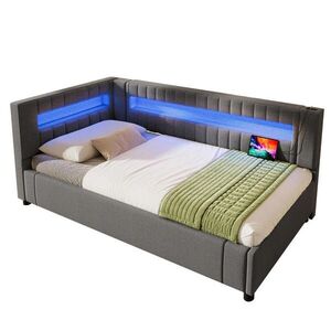Modfu DENNÍ postel z lnu 90x200 cm šedá s LED osvětlením, USB, USB-C a hydraulickým úložným prostorem obraz