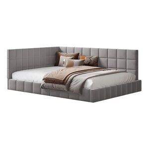 Modfu ČALOUNĚNÁ postel z čalouněné látky 140x200 cm šedá s lamelovým roštem, funkcí pohovky a vyměnitelnou područkou obraz