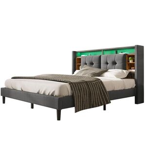Modfu ČALOUNĚNÁ postel z masivního dřeva 140x200 cm šedá s LED osvětlením, USB nabíjením a úložným čelem obraz