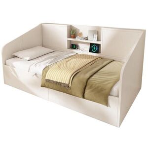 Modfu DENNÍ postel z MDF a masivního dřeva 90x200 cm bílá s USB, USB-C a hydraulickým úložným prostorem obraz