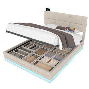 Modfu ČALOUNĚNÁ postel ze sametu 140x200 cm béžová s LED osvětlením, USB porty a úložným prostorem obraz