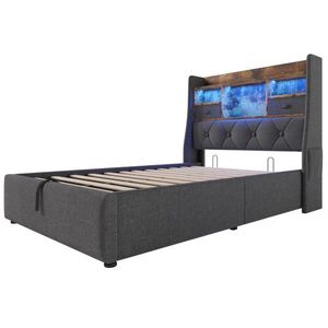 Modfu ČALOUNĚNÁ postel z lnu 90x200 cm šedá s LED osvětlením, USB a Type-C porty, úložným prostorem a matrací obraz