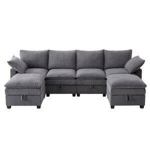 Redom MODULÁRNÍ rohová pohovka 280/151/82 cm s USB, úložným prostorem a 2 taburety, manšestr, Šedá obraz