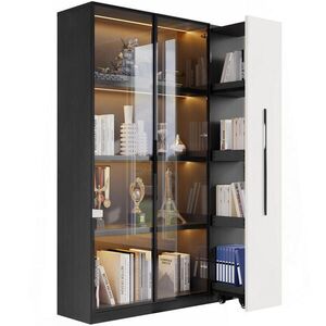 Redom VITRÍNA s knihovnou 110, 5/35/160 cm s LED osvětlením a výsuvným regálem z MDF a skla, Černá/Bílá obraz