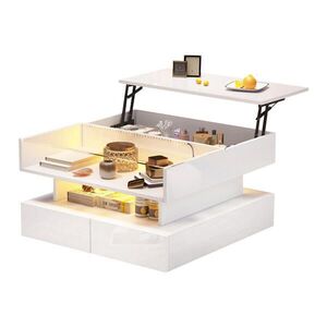 Modfu KONFERENČNÍ stolek z dřevotřísky 80x80x45 cm bílý s LED osvětlením, výklopnou deskou a 2 zásuvkami obraz