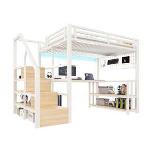 Modfu PATROVÁ postel z kovu a MDF 140x200 cm bílá s LED osvětlením, psacím stolem, policí, USB a úložným schodištěm obraz