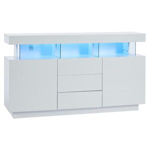 Modfu KOMODA z dřevotřísky a akrylu 140x35x80 cm bílá s LED osvětlením, 3 zásuvkami a 2 skříňkami ve vysokém lesku obraz