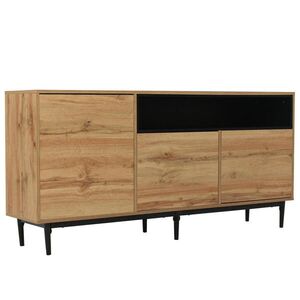Modfu KOMODA z MDF 160x35x76 cm černá/přírodní dřevo se 3 dvířky a nastavitelnými policemi, úsporné řešení obraz