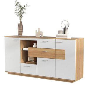 Modfu KOMODA z MDF 160x40x77 cm v dekoru dřeva a bílá se 2 dvířky, 4 zásuvkami, LED osvětlením a nastavitelnými policemi obraz