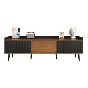 Modfu TV skříňka z MDF a dřevotřísky 160x49, 5x39 cm černá/přírodní se 3 dvířky, zvýšenou hranou a dřevěnými nohami obraz