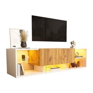 Modfu TV stolek z laminované dřevotřísky 160x40x42 cm bílá a přírodní dub s LED osvětlením, skleněnou policí a 2 zásuvkami obraz