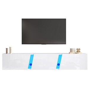 Modfu NÁSTĚNNÝ TV stolek z dřevotřísky a akrylu 180x35x30 cm bílý s LED osvětlením, 3 dvířky a lesklým povrchem obraz