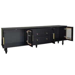 Modfu TV stolek z dřevotřísky 177x38x55, 5 cm černý s drážkovaným sklem, zásuvkami push-to-open a kovovými nohami obraz