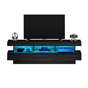 Modfu TV stolek z dřevotřísky 160x38x50, 5 cm černý ve vysokém lesku s LED osvětlením, Bluetooth ovládáním a 3 skleněnými policemi obraz