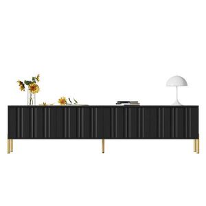 Modfu TV stolek z MDF a dřevotřísky 190x38x48 cm černý se 4 dvířky, tlumenými panty a zlatými nohami obraz