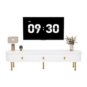Modfu TV stolek z MDF 174x35x41 cm bílá se 3 zásuvkami, zlatými úchytkami a nohami, zaoblené hrany obraz