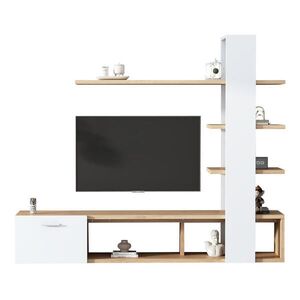 Modfu TV stěna z dřevotřísky 180x33, 5x151, 5 cm bílá/dekor dřeva pro TV do 60", s úložným prostorem a hydraulickými dvířky obraz