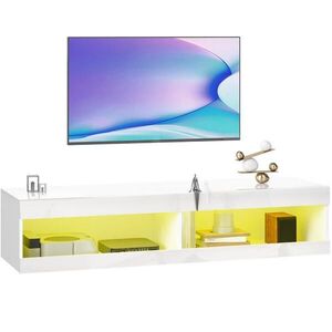 Modfu ZÁVĚSNÝ TV stolek ze dřeva 140x40x30 cm lesklá bílá s RGB LED osvětlením a vedením kabelů obraz