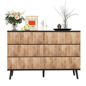 Modfu KOMODA z MDF a dřevotřísky 120x40x85 cm černá/přírodní se 6 zásuvkami, skrytými úchyty a reliéfními čely obraz