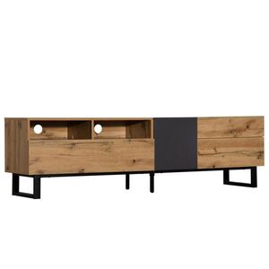 Modfu TV stolek z MDF 180x50x38 cm černý/dekor dubu s 2 dvířky, 2 zásuvkami a bezúchytkovým otevíráním obraz
