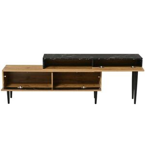 Modfu TV stolek z MDF v dekoru 129x30x58 cm přírodního dřeva s odolnou PVC hranou, železnými nohami a úložnými policemi obraz
