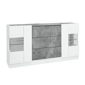 Modfu KOMODA z MDF, skla a dřevotřísky 140x35x75 cm bílá a šedý mramorový dekor s LED osvětlením, 2 dvířky a 3 zásuvkami obraz