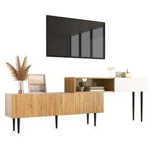 Modfu TV stolek z MDF a dřevotřísky 240x30x63, 5 cm bílá a dekor dřeva s nastavitelnou délkou obraz