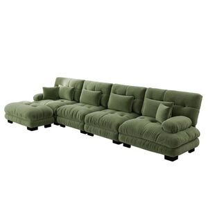 Modfu ROHOVÁ modulární pohovka z chenillu 406x145x81 cm zelená s pohyblivým taburetem a variabilním uspořádáním pro vysoké pohodlí obraz